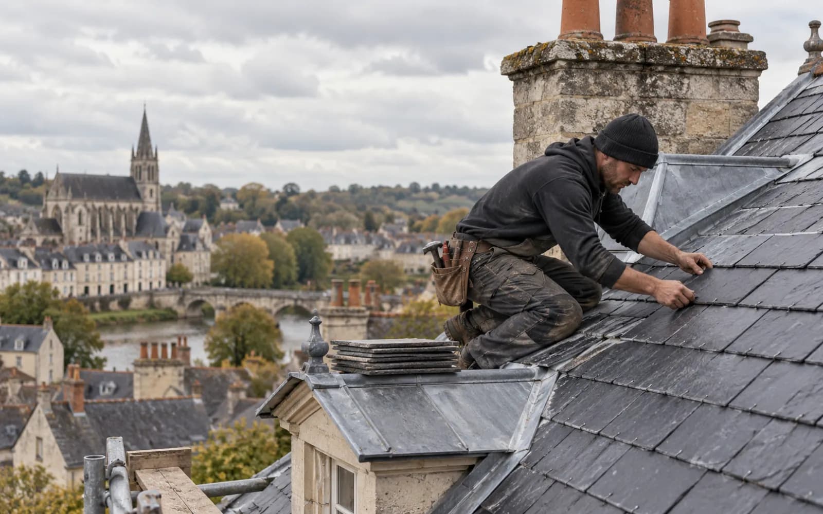 Couvreur posant des ardoises sur un toit, au-dessus des toits d'une ville
